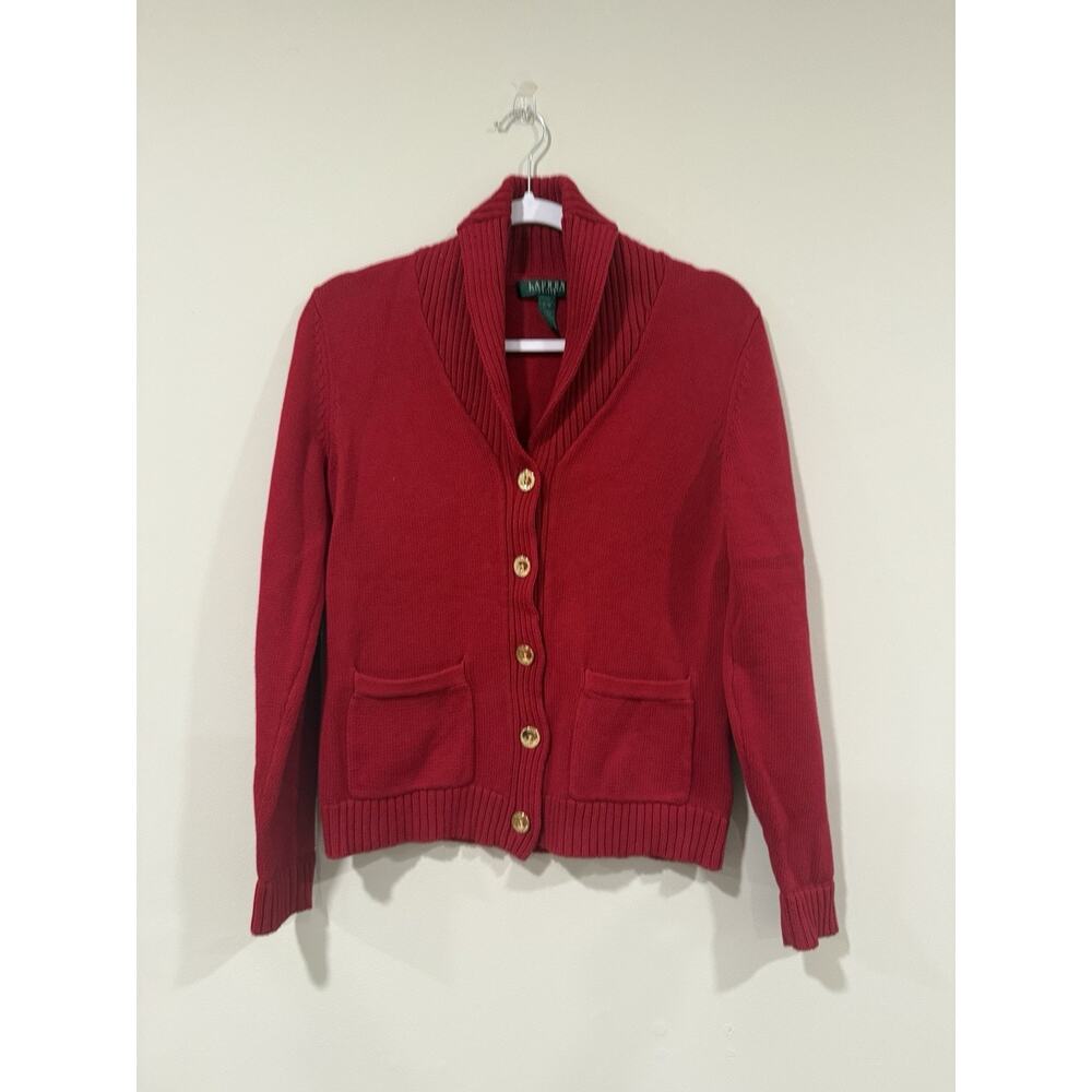Lauren Ralph Lauren Women Red Cardigan Sweater Gold Buttons Medium 2313